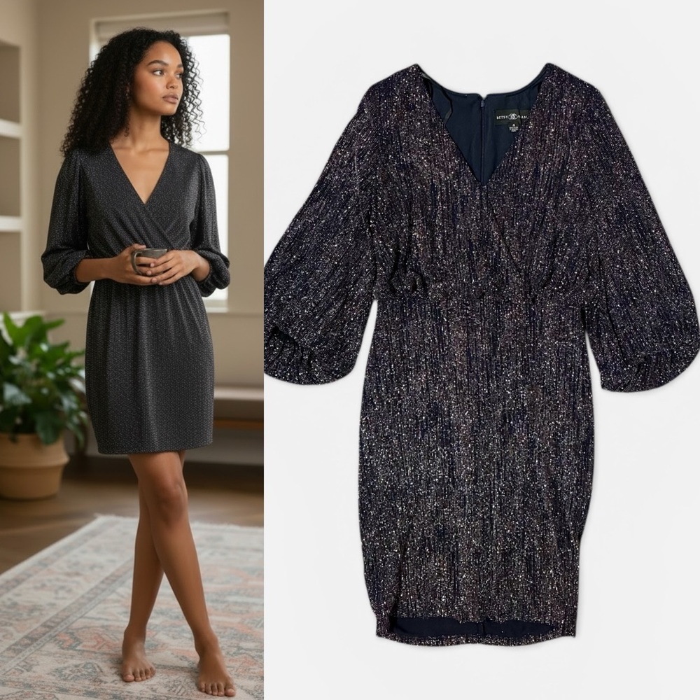 Betsy & Adam Blouson Sleeve Cocktail Shimmer Dress Midnight Black Blue  Size 4